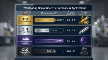 PVD coating types hardness friction coefficient and industrial application comparison chart