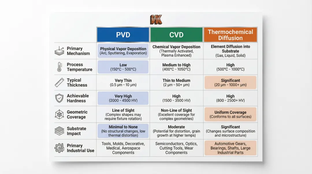 PVD versus CVD versus diffusion coating seven-criteria selection comparison infographic