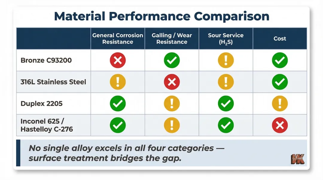 Wear ring metallic material comparison chart corrosion resistance versus wear performance
