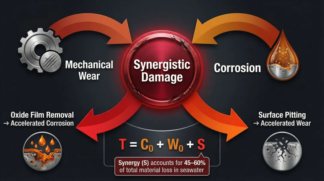 Tribocorrosion synergy cycle showing wear and corrosion compounding material loss
