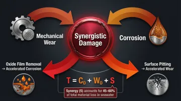 Tribocorrosion synergy cycle showing wear and corrosion compounding material loss