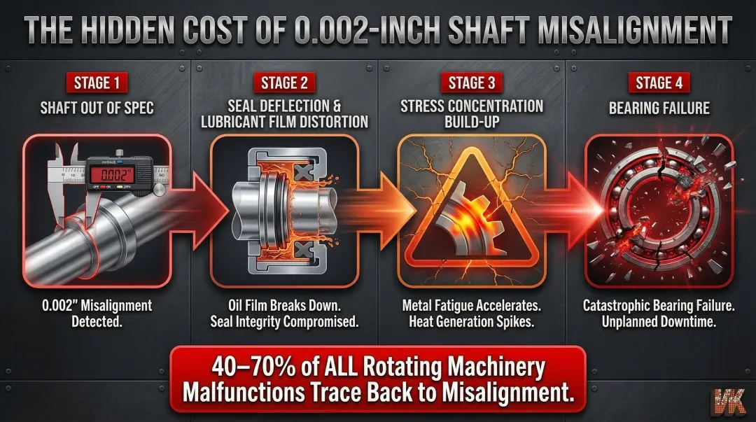 Bearing failure cascade from shaft misalignment showing component damage chain