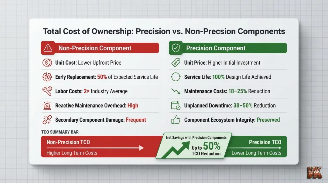 Precision versus non-precision component total cost of ownership comparison infographic