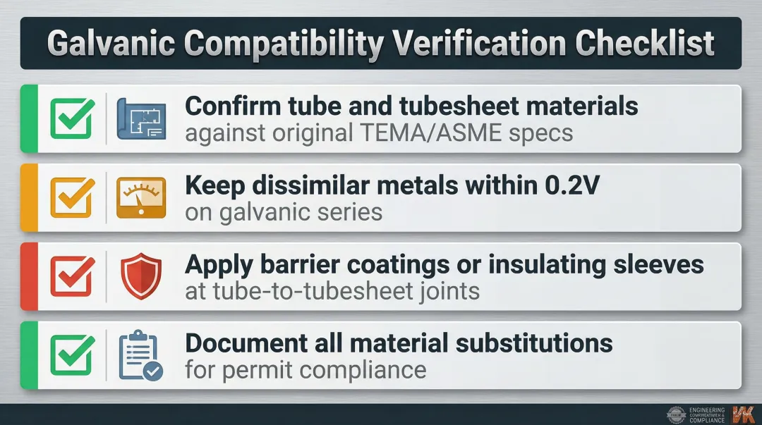 Galvanic corrosion prevention checklist four steps for OEM-compatible tube bundle replacements