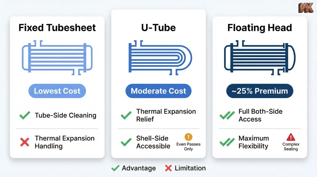 Three TEMA tube bundle configurations comparison fixed tubesheet U-tube floating head
