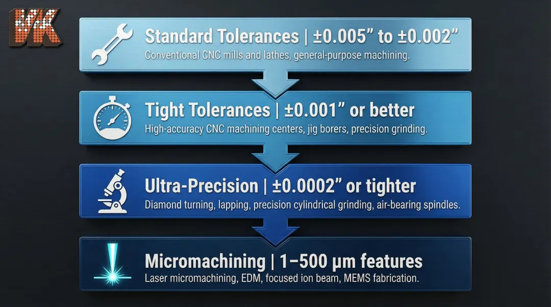 Four-tier CNC machining tolerance classification hierarchy from standard to micromachining