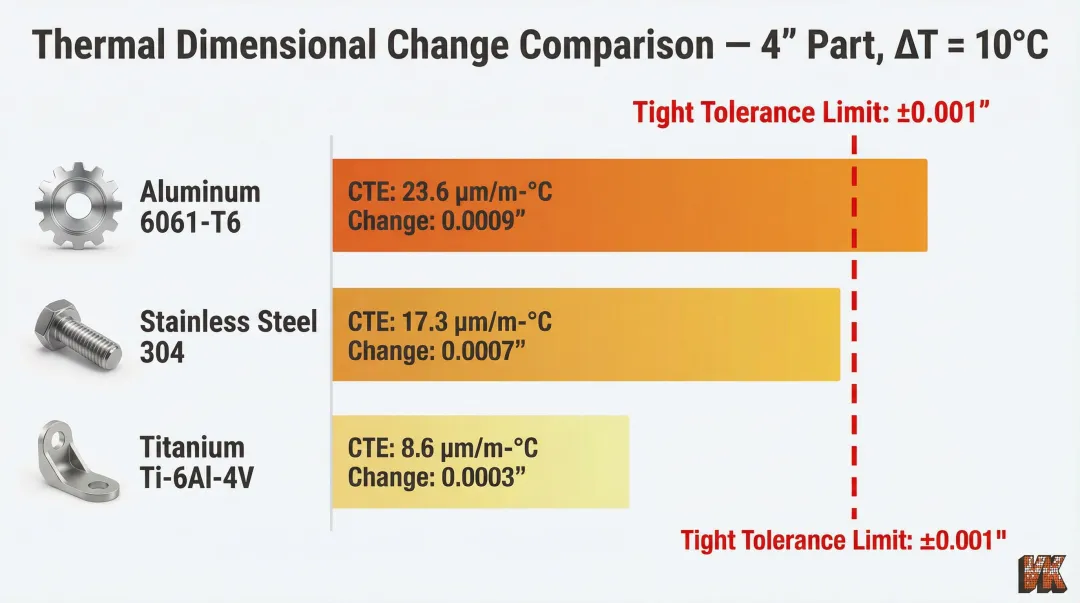 Thermal expansion comparison of aluminum stainless steel and titanium at 10 degree shift