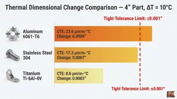 Thermal expansion comparison of aluminum stainless steel and titanium at 10 degree shift