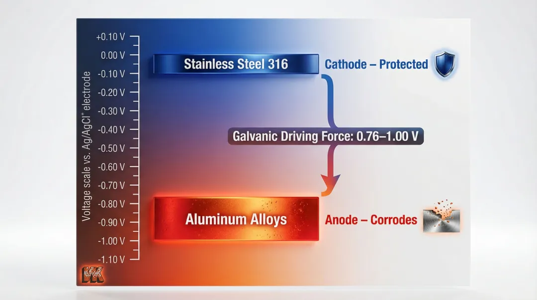 Aluminum versus stainless steel galvanic series voltage difference and corrosion risk