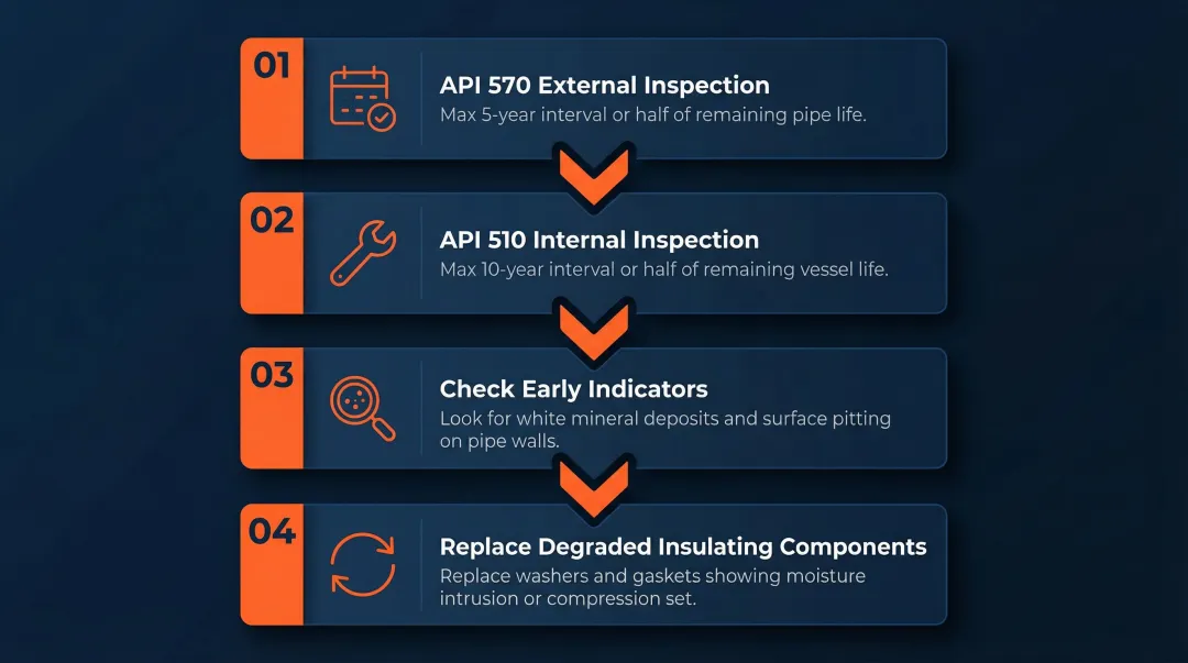 Galvanic corrosion inspection protocol checklist with API standard intervals and key indicators