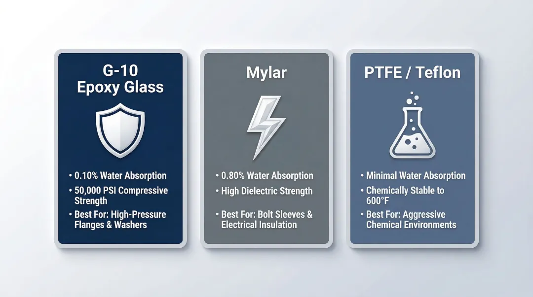 Three electrical isolation materials comparison chart for galvanic corrosion prevention