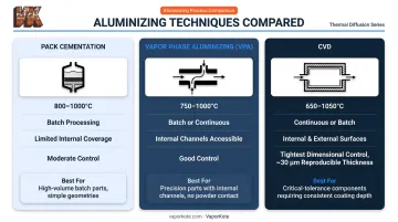 Pack cementation versus vapor phase aluminizing versus CVD technique comparison chart