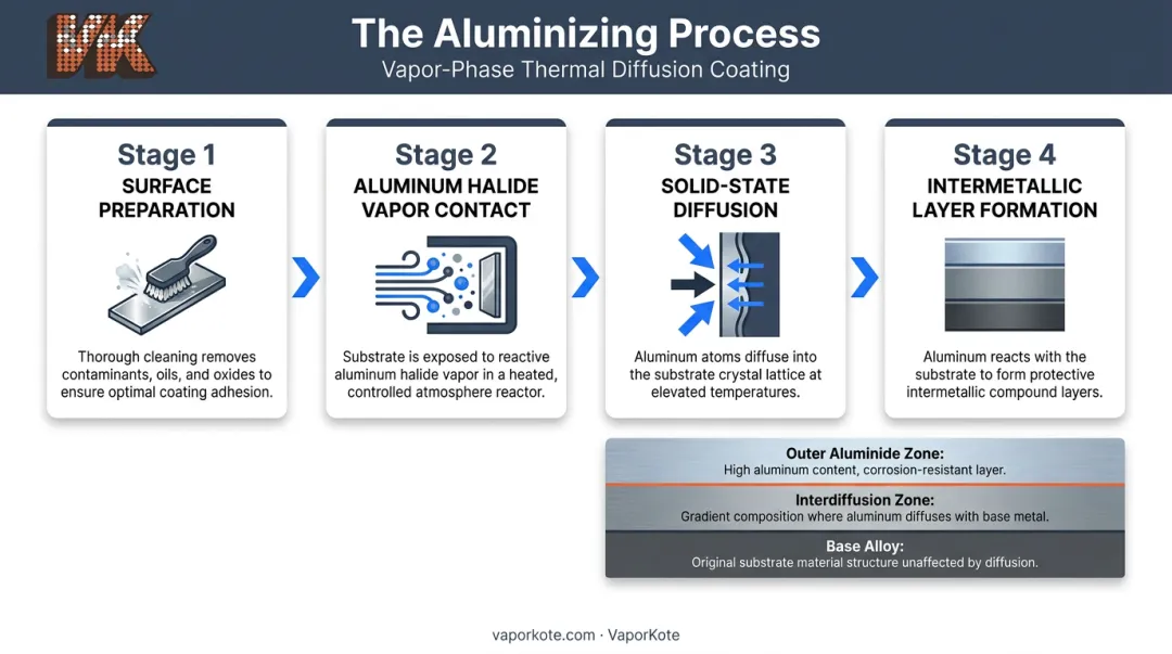 Step-by-step aluminizing diffusion process from surface preparation to intermetallic layer formation