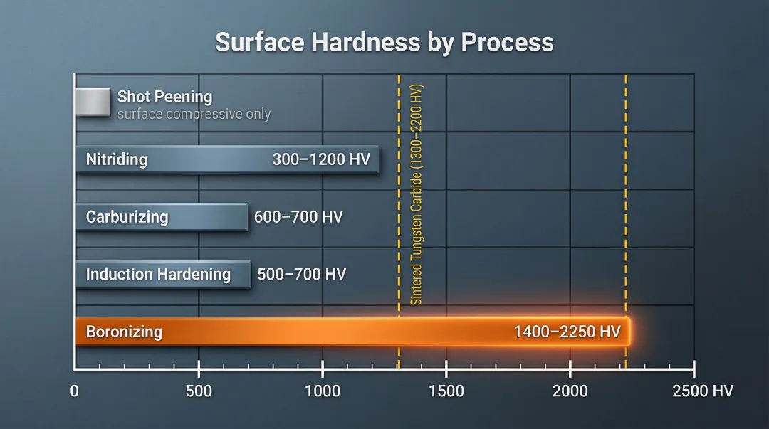 Boronizing hardness comparison versus nitriding carburizing and tungsten carbide HV scale