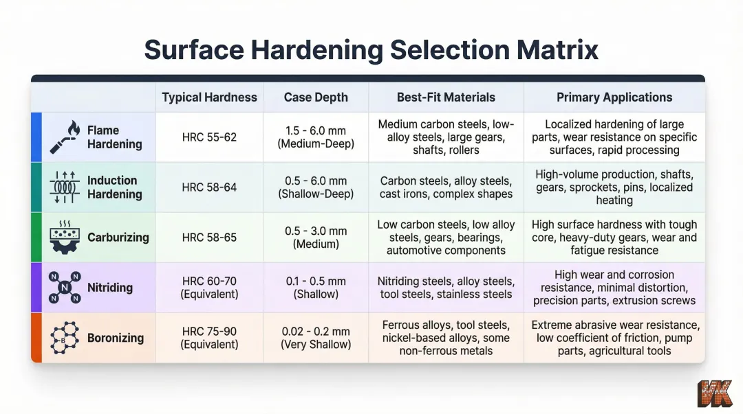Surface hardening method selection matrix comparing hardness case depth materials and applications