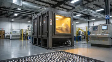Industrial shot peening process bombarding metal component surface with spherical media