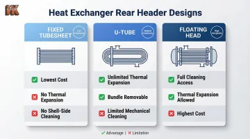 Fixed tubesheet U-tube and floating head heat exchanger rear header design comparison