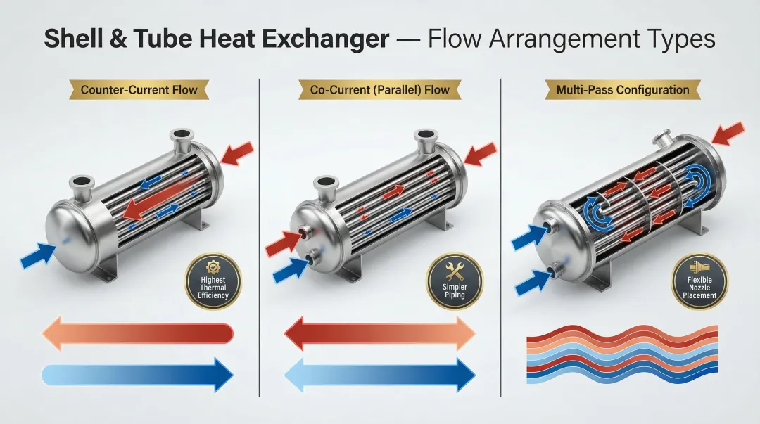 Three shell and tube heat exchanger flow arrangements counter-current co-current multi-pass comparison