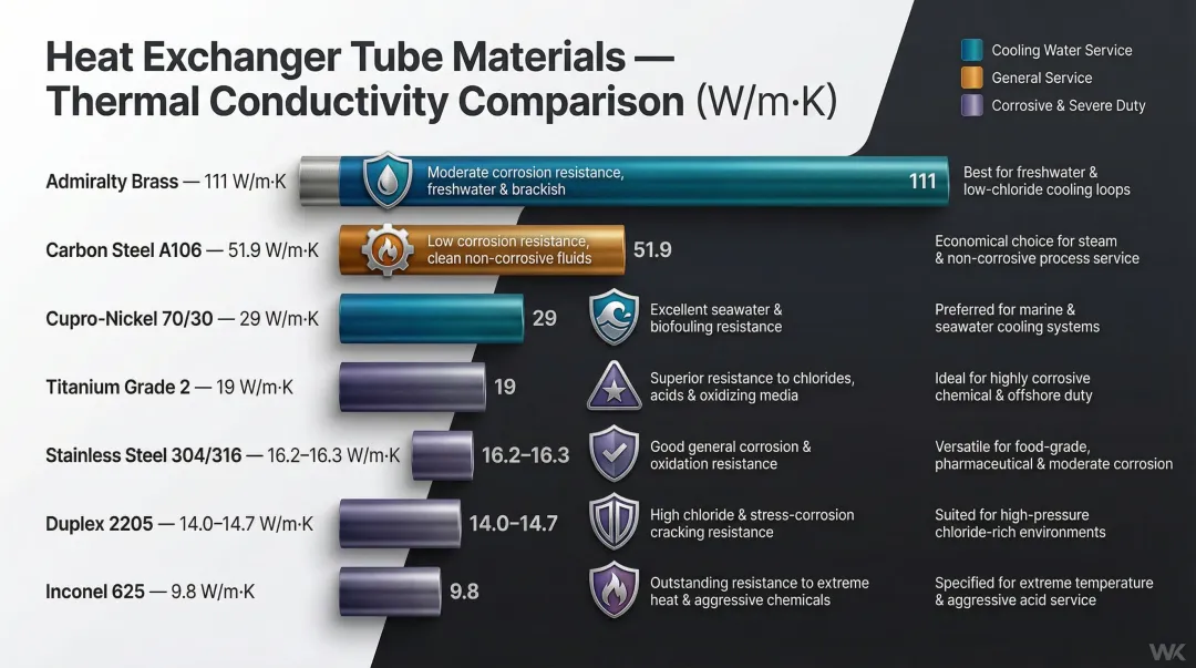 Heat exchanger tube material thermal conductivity and corrosion resistance comparison chart seven materials