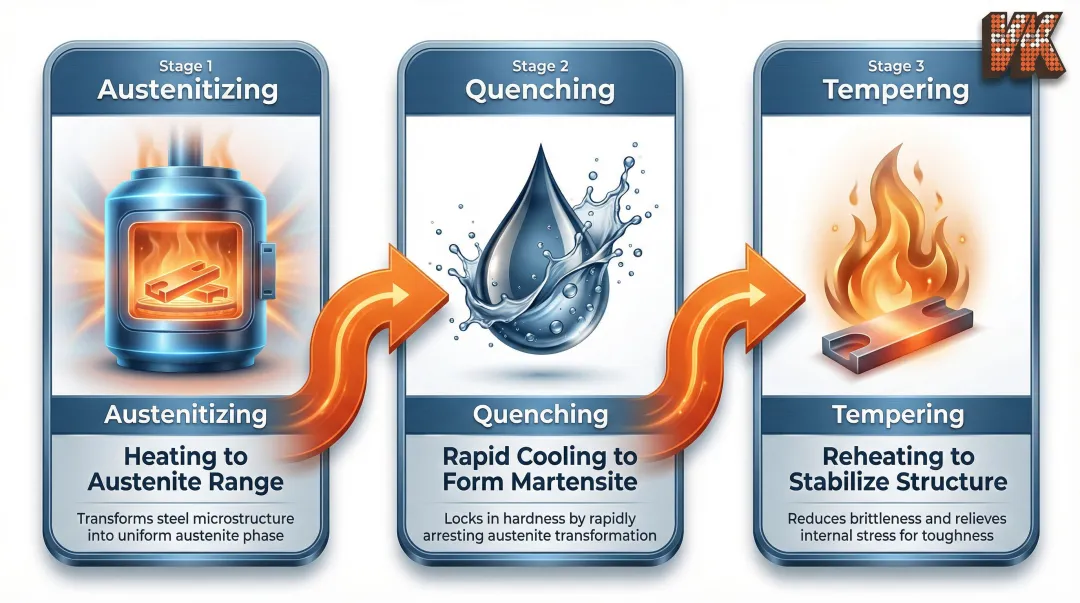 Three-stage heat treatment process flow austenitizing quenching and tempering