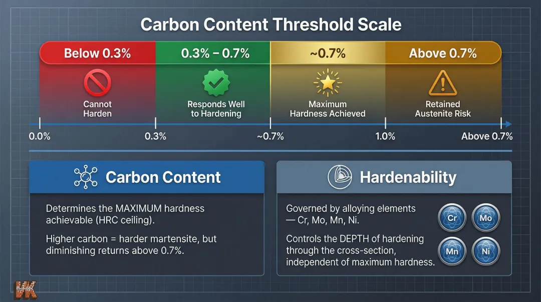 Carbon content thresholds and hardenability factors comparison infographic for steel grades