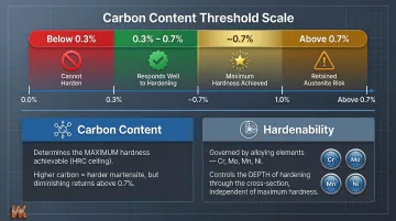 Carbon content thresholds and hardenability factors comparison infographic for steel grades