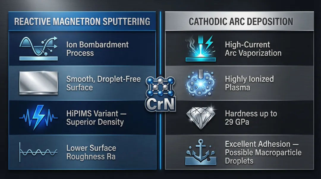 Two PVD methods for CrN coating reactive sputtering versus cathodic arc comparison