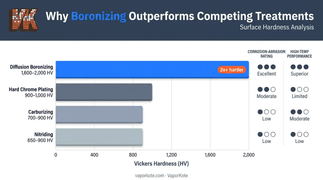 Surface treatment hardness comparison boronizing versus nitriding hard chrome and carburizing