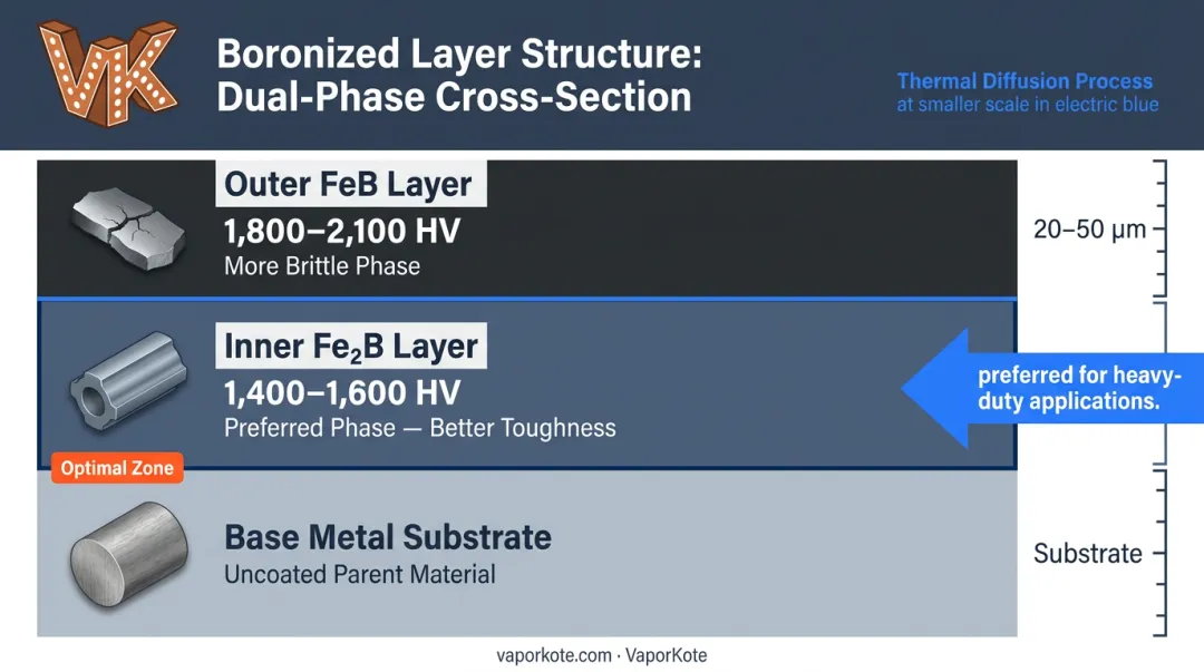 Boronized steel dual-phase FeB and Fe2B microstructure layer diagram
