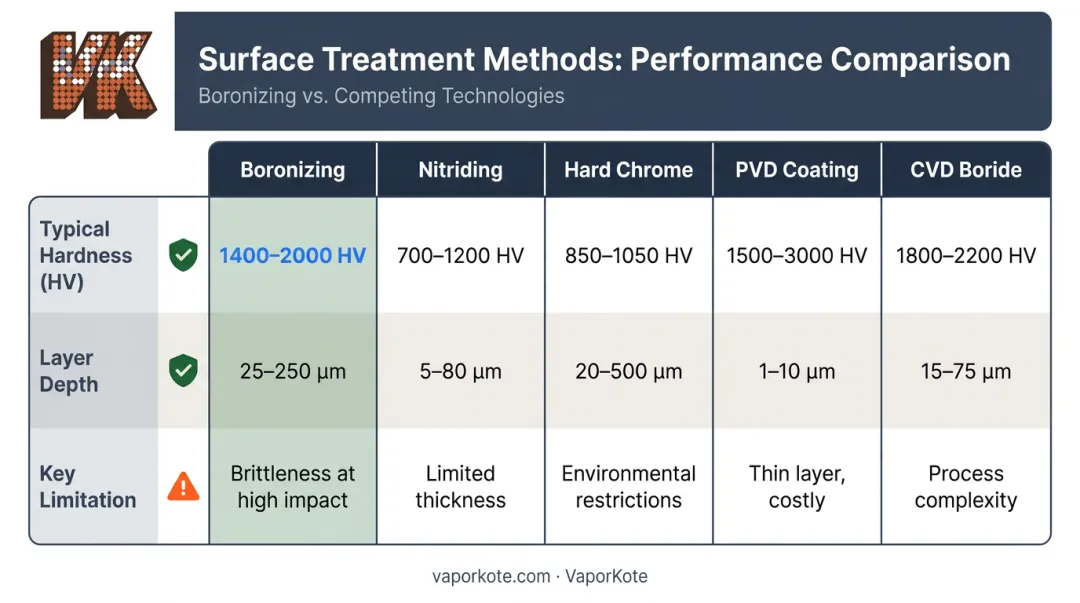 Boronizing versus nitriding hard chrome PVD surface treatment side-by-side comparison infographic