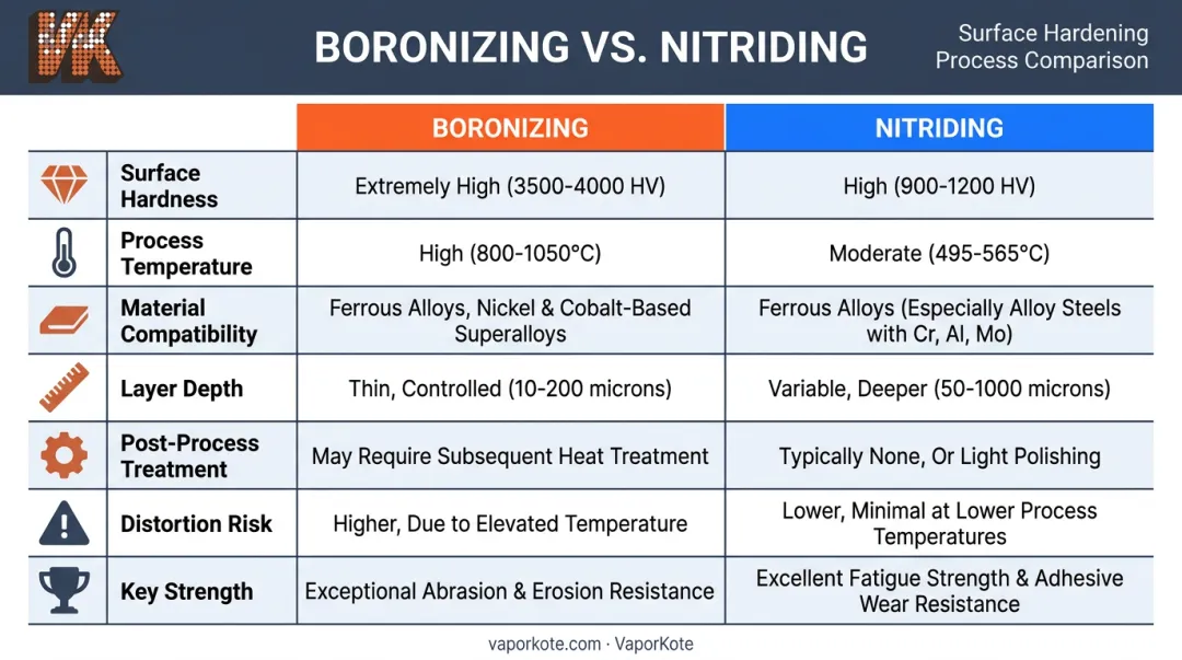 Boronizing versus nitriding seven-attribute technical comparison infographic