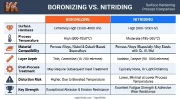 Boronizing versus nitriding seven-attribute technical comparison infographic