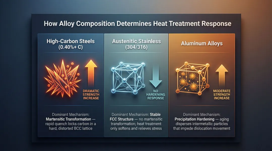 Steel alloy heat treatment response comparison across three material categories infographic