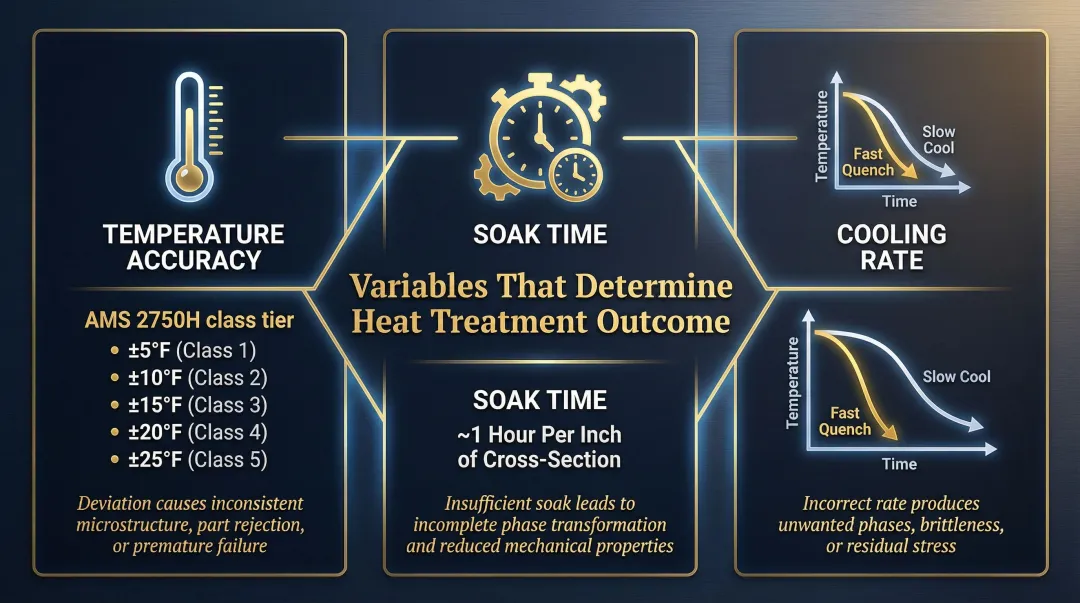 Three critical heat treatment control variables temperature soak time and cooling rate infographic