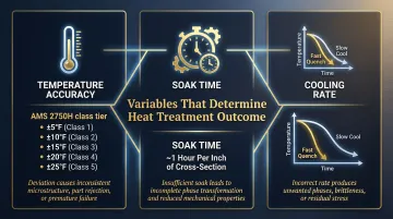 Three critical heat treatment control variables temperature soak time and cooling rate infographic