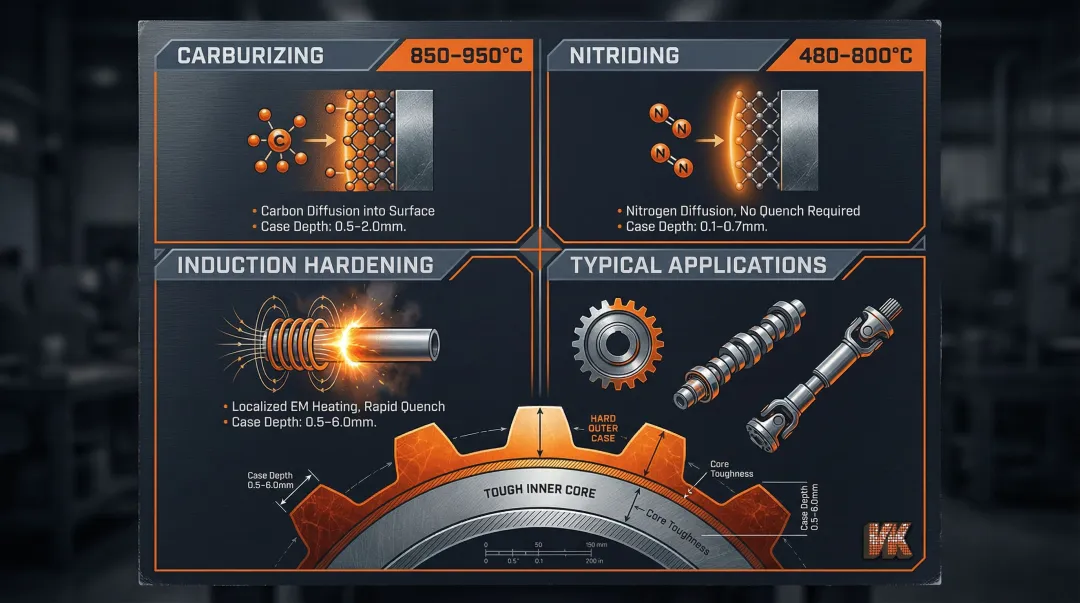 Four case hardening methods comparison carburizing nitriding induction hardening process infographic