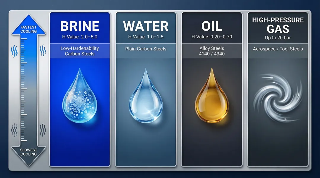Four quench media comparison chart with Grossman H-values and steel applications