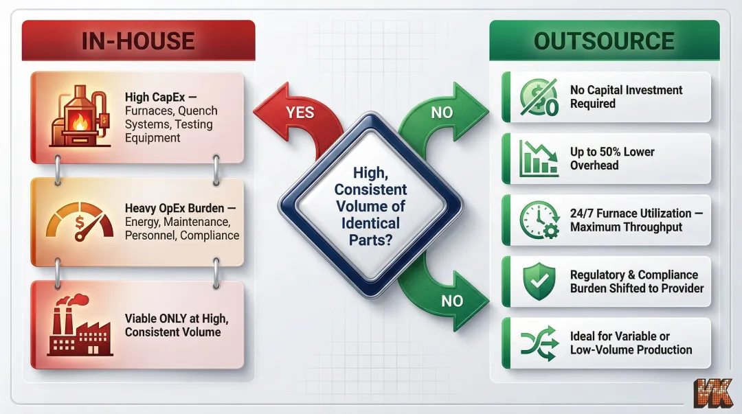 In-house heat treatment versus outsourcing cost and decision framework comparison infographic