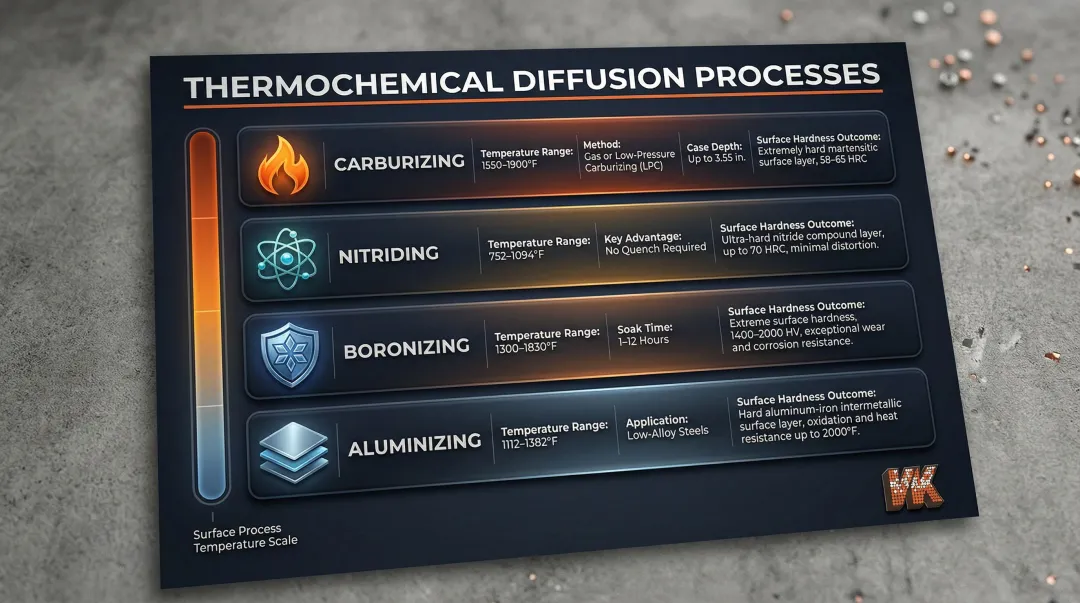 Four thermochemical case hardening processes temperature ranges and depth comparison infographic