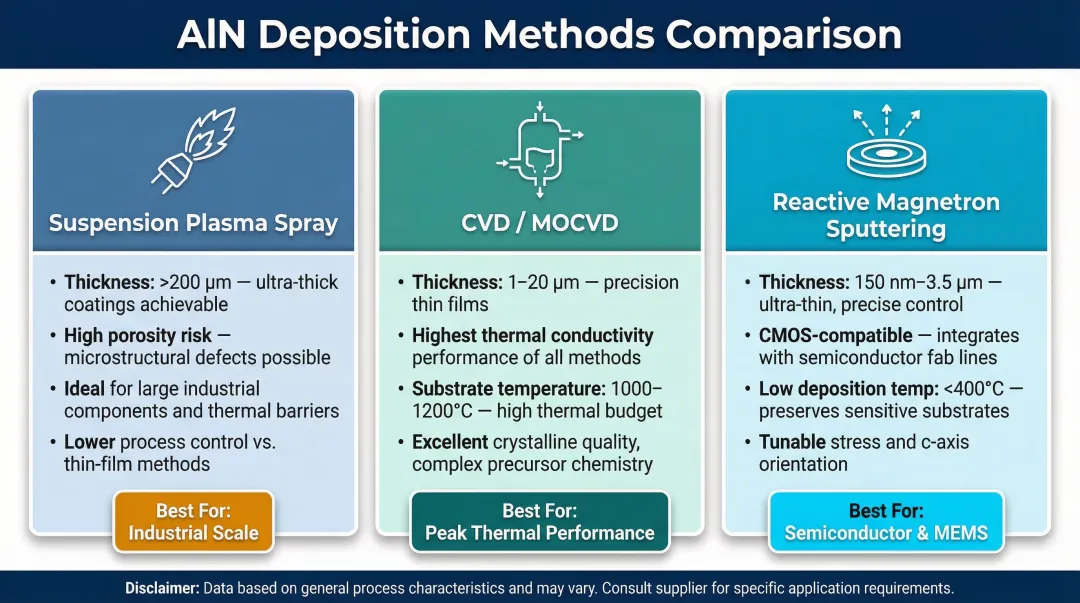 Three AlN coating deposition methods comparison SPS CVD reactive magnetron sputtering process overview