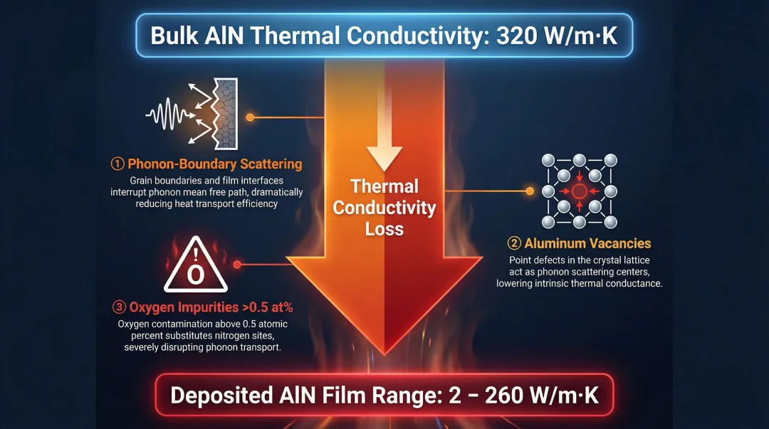 AlN thin film thermal conductivity degradation factors phonon scattering oxygen impurities