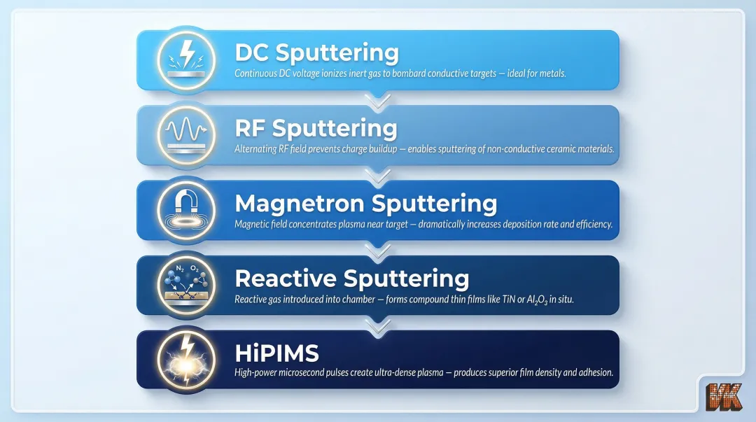 Five PVD sputtering variants process overview from DC to HiPIMS techniques