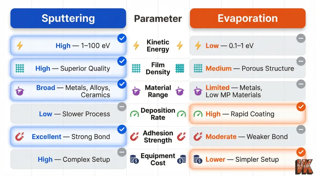 PVD sputtering versus evaporation six-parameter side-by-side comparison infographic