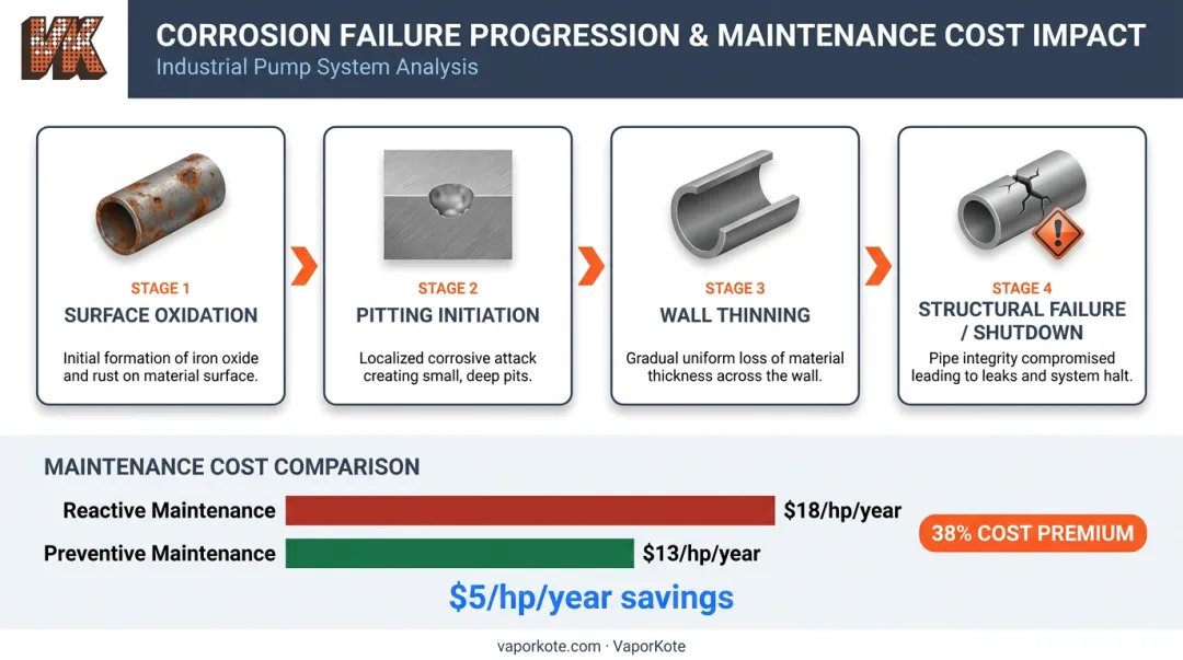Steel corrosion failure sequence from oxidation to structural failure with maintenance cost comparison