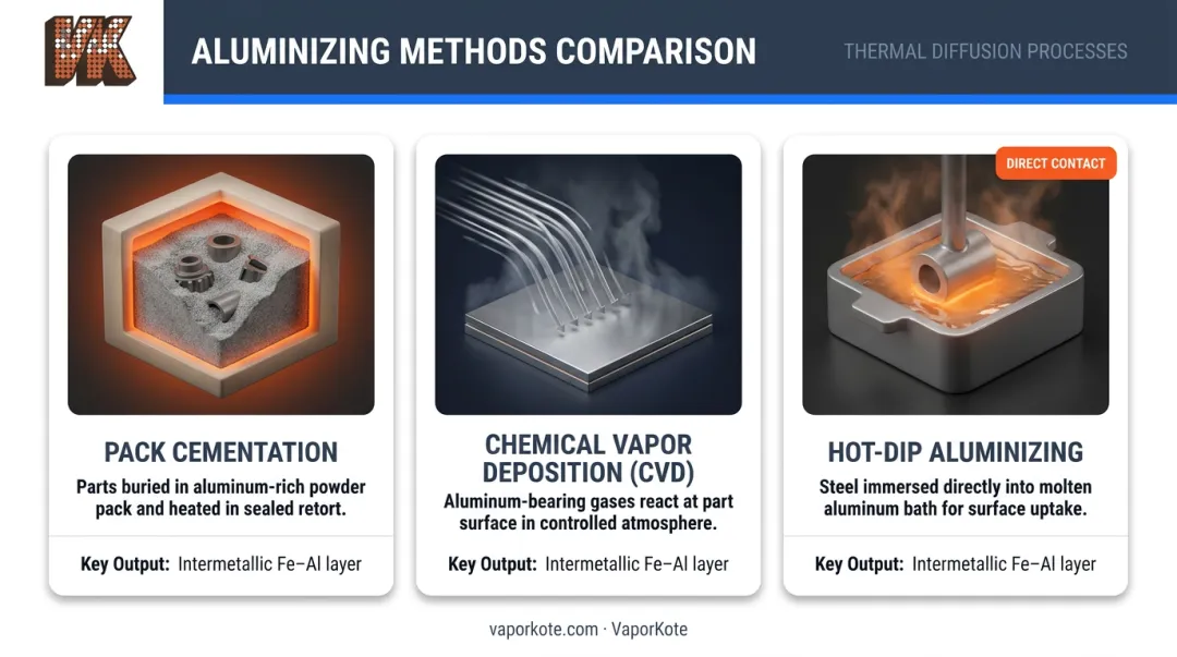 Three alumina coating application methods pack cementation CVD and hot-dip aluminizing process comparison