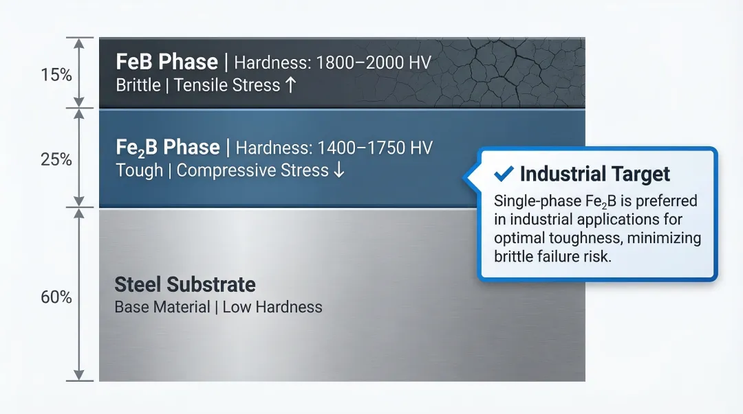 Boriding dual-phase iron boride layer structure FeB and Fe2B comparison diagram