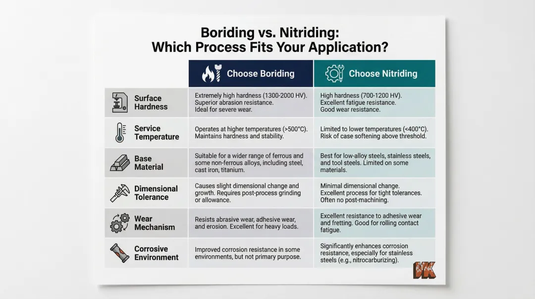 Boriding versus nitriding side-by-side decision factor comparison chart for engineers