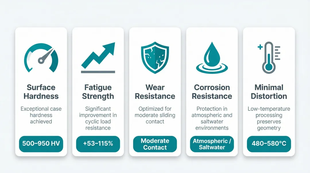 Nitriding surface treatment key performance properties and hardness range comparison infographic