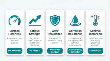 Nitriding surface treatment key performance properties and hardness range comparison infographic