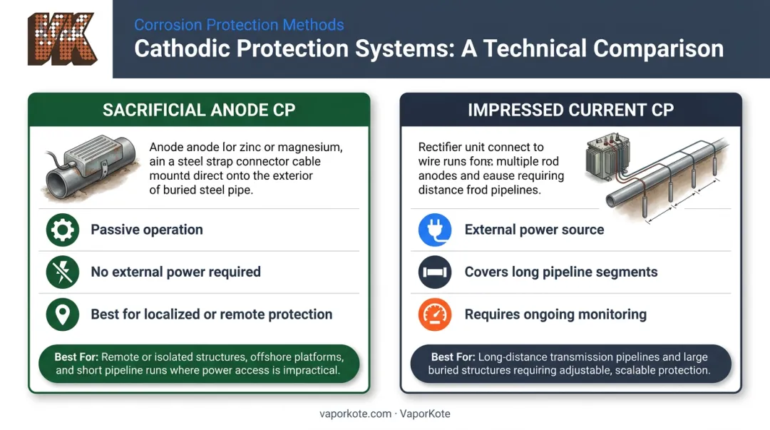 Sacrificial anode versus impressed current cathodic protection system comparison infographic